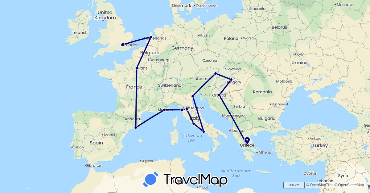 TravelMap itinerary: driving in Austria, Spain, France, United Kingdom, Greece, Croatia, Hungary, Italy, Netherlands (Europe)