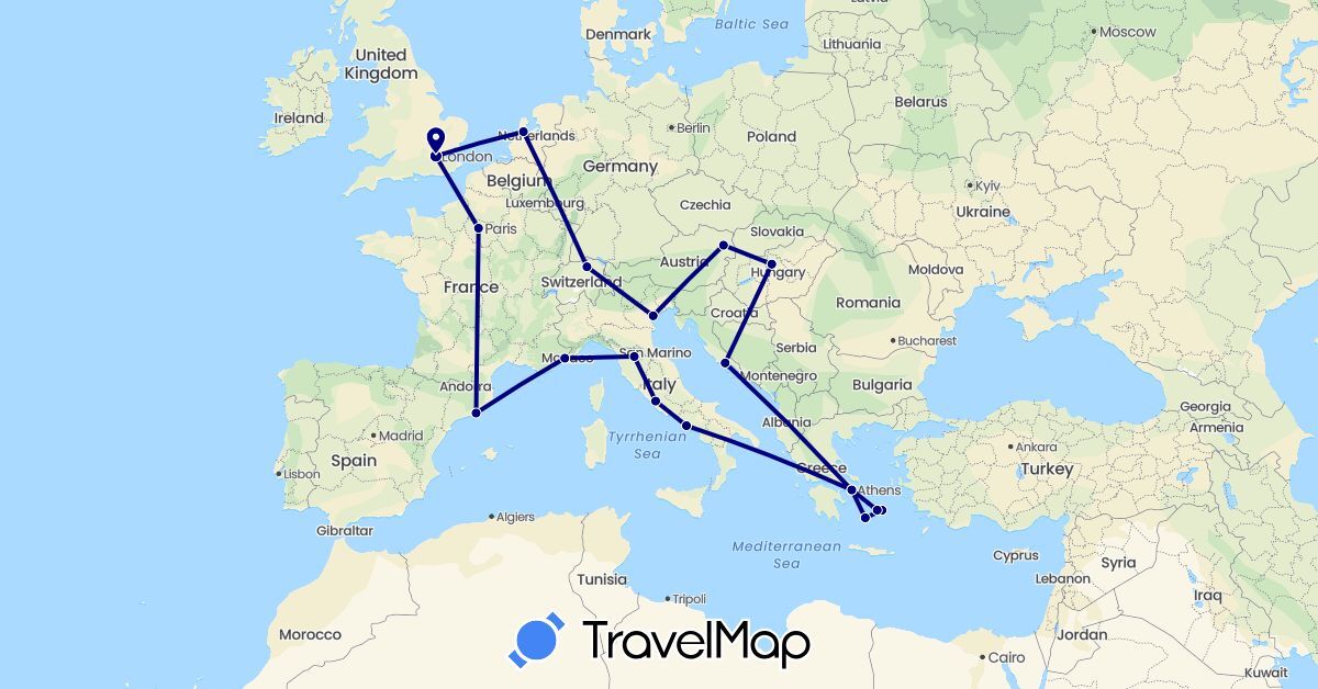 TravelMap itinerary: driving in Austria, Switzerland, Spain, France, United Kingdom, Greece, Croatia, Hungary, Italy, Netherlands (Europe)